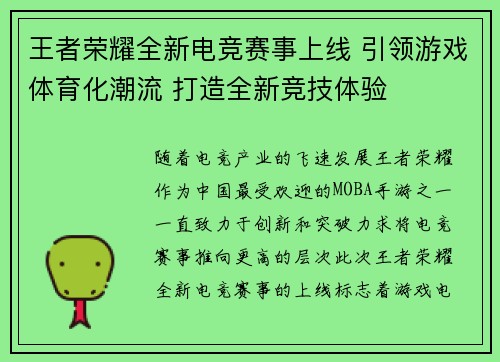 王者荣耀全新电竞赛事上线 引领游戏体育化潮流 打造全新竞技体验
