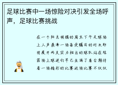 足球比赛中一场惊险对决引发全场呼声，足球比赛挑战